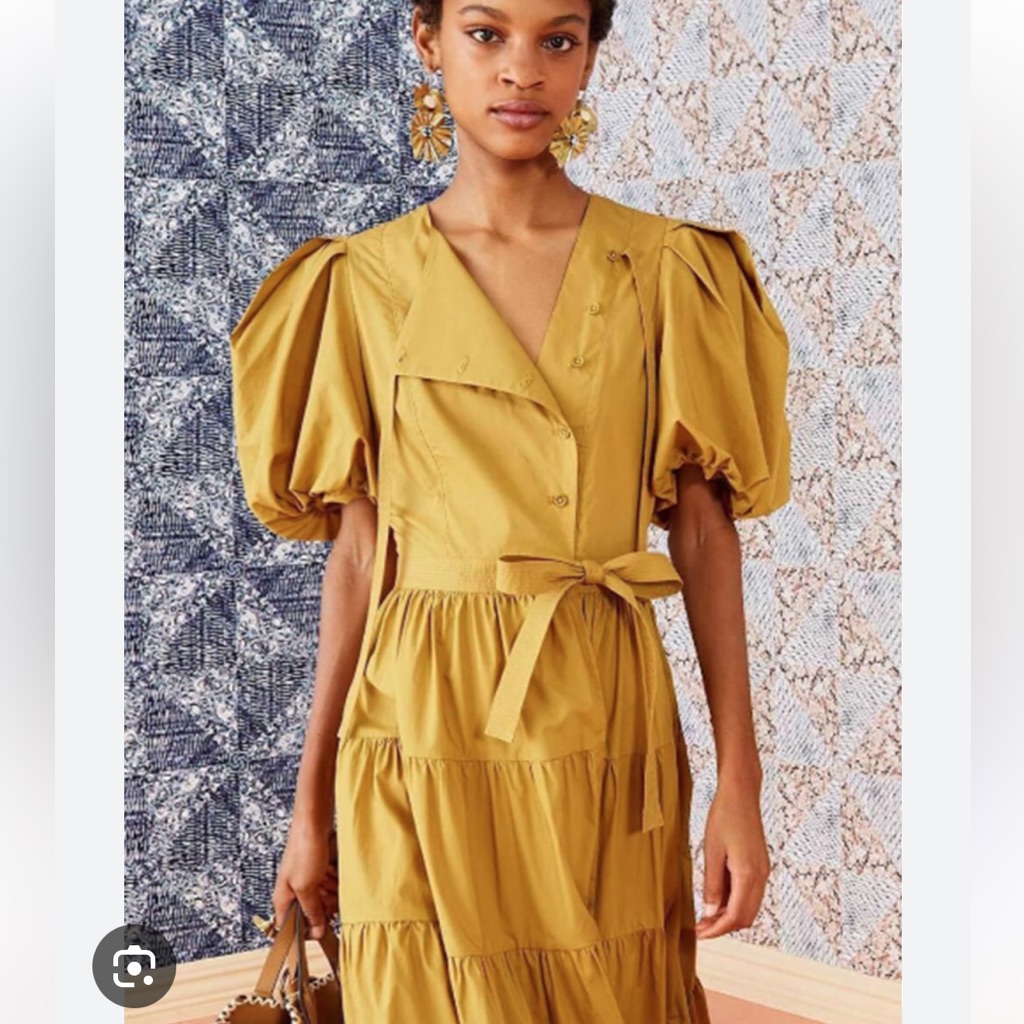 Ulla Johnson Agathe Mustard Midi Dress With Puff Sleeves 10